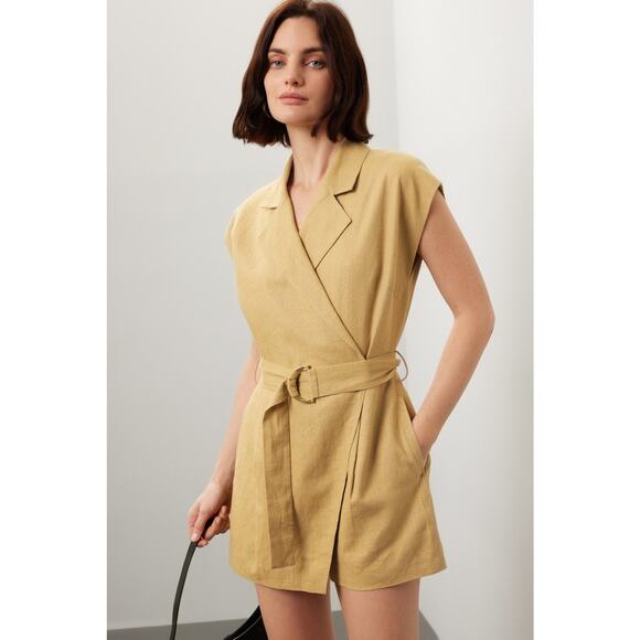 TOCCIN X RTR Khaki Brown Linen Blend Belted Utility Sarong Romper Size 10 - Picture 1 of 16